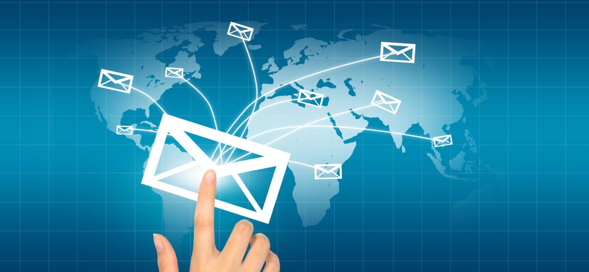 Hands with world mail delivery on world map background